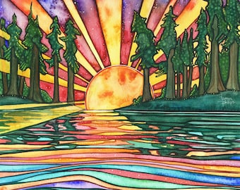 Baum Wasser - Aquarell Druck Original Gemälde, Sonne und Bäume Sonnenaufgang über Wasser mit spektakulären Sonnenuntergang Farben, Natur Landschaft