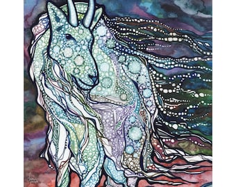 Mountain Goat - print of ethereal watercolour painting, star galaxy cosmos dot illustration, spirit animal totem spiritual divine animal