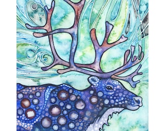 Karibu / Rentier - Print von Aquarell Kunst, Nordlichter Aurora Borealis, Prinzessin Mononoke, Waldgeist Tier, borealer Wald