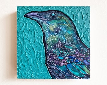 Turquoise Moon Crow 10 x 10 Art Block, watercolour print with unique hand painted texture; blue and green; bird, wildlife, and nature lover
