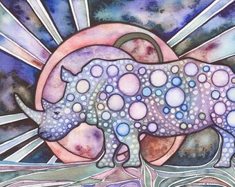 White Rhinoceros - print, violet earth tone with blue sapphire, galaxy nebula planets artwork rhino wildlife art northern sudan endangered