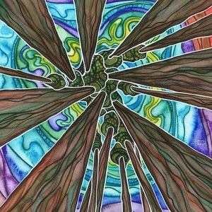 Sky Grove - print of beautiful trees in a magical sky forest, ancient old growth, whimsical & sacred, colourful aurora, for tree lovers