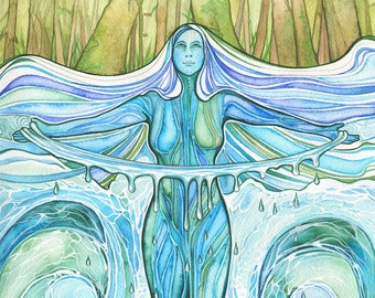 Rainmaker - print of beautiful watercolour, sacred water rainforest ocean aqua life-sustaining empowerment divine feminine, water is life