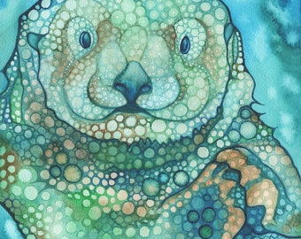 Aqua Otter - Druck von Aquarell Süße, Meer Ozean Türkis niedlich niedlich verspielt freundlich Tierportrait Aquarell Malerei Kunst