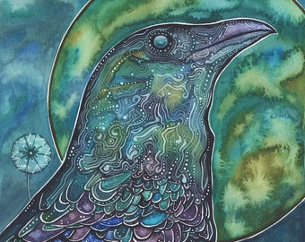 Moon Crow - print of watercolour artwork, beautiful blue bird raven full moon day of the dead witchy pagan goddess night skeleton powerful