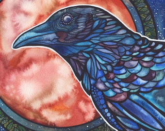 Fire Crow - print of watercolour artwork, beautiful blue bird corvidae raven full blood moon stars universe pagan realm mother nature art