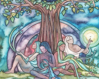 Spirit Weavers - print of beautiful watercolour, tree of life sisters gathering galaxy universe sacred divine feminine woman unity together
