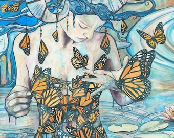 Large Print - Phthalo's Lake Women - original watercolour artwork paper print, whimsical & surreal monarch butterfly queen, fairytale dream