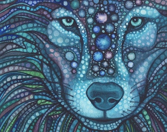 Large Print - Starwolf  - watercolour wolf in turquoise blue grey teal palette, sacred totem spirit animal guide, stars galaxy nebula cosmos