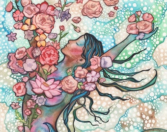 Tidal Bloom - watercolor painting artwork, spring peach rose pink blush spring earth tones, sacred gaia goddess divine female art springtime