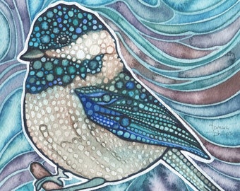 Chickadee - watercolour print of original painting, beautiful adorable bird, Turquoise teal aqua blue mauve earth tones, birding bird lover
