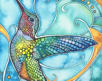 Large Print - Hummingbird - original watercolour artwork paper print, vibrant turquoise, rich gold, and beautiful earth tones, bird lover