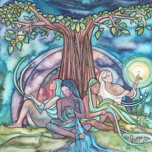 Spirit Weavers - print of beautiful watercolour, tree of life sisters gathering galaxy universe sacred divine feminine woman unity together