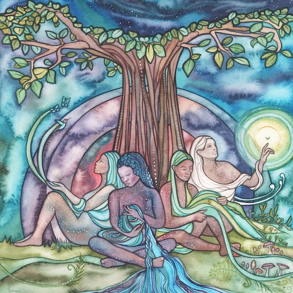 Spirit Weavers - print of beautiful watercolour, tree of life sisters gathering galaxy universe sacred divine feminine woman unity together