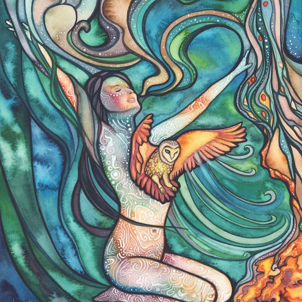 Fanning the Flame - print of watercolour artwork ethereal whimsical magical galaxy mind body spirit new age new year empowerment women art