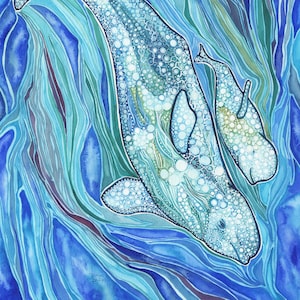Belugas - print of beautiful watercolour cetaceans, blue teal turquoise water sea ocean wild free freedom whales mother child aurora artwork