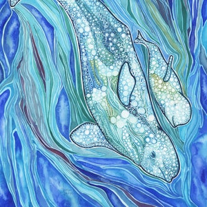 Belugas - print of beautiful watercolour cetaceans, blue teal turquoise water sea ocean wild free freedom whales mother child aurora artwork