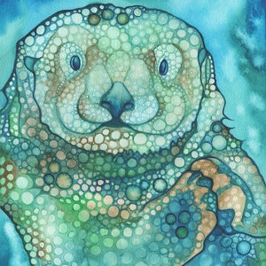 Aqua Otter stampa di acquerello cutie, mare oceano verde acqua turchese carino adorabile giocoso amichevole animale ritratto pittura ad acquerello arte immagine 1