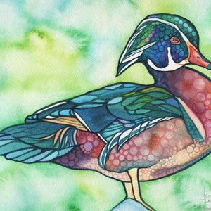 Pato de madera - impresión de pintura de acuarela, hermoso pato posado pintado en vibrantes pigmentos terrestres, aviar amante de las aves
