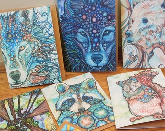 Cards - wolves bear trees raccoon squirrel hummingbird honey bee raven owl octopus jellyfish orca whale starfish sea otter, greeting card
