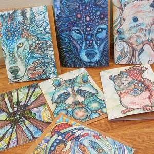 Cards - wolves bear trees raccoon squirrel hummingbird honey bee raven owl octopus jellyfish orca whale starfish sea otter, greeting card