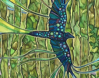 Rainforest Raven - watercolour print, vibrant verdant green, Pacific Northwest, temperate rainforest, moss and lichen, sacred bird, wisdom