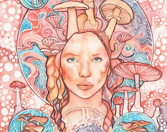 May include: Watercolour painting of a woman with a crown of mushrooms on her head. The background is a swirling pattern of pink, blue, and white. There are mushrooms of various colours and shapes throughout the painting.