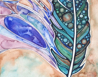 Eagle Feather Watercolor Art Print: Turquoise Blue Green