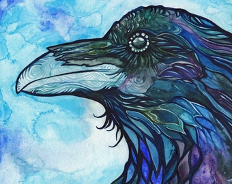 Large Print - Raven - original watercolour artwork paper print, turquoise blue purple spirit animal magical bird totem painting