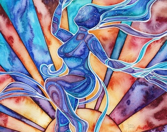 Dancer - watercolour print, transcending vibrant sunshine, sacred self, embodiment, divine movement therapy, healing, transcendence, sun