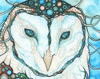 Starlit Owl - watercolour print, turquoise earth tones, whimsical wildlife, totem animal spirit guide, starlight stars constellation artwork
