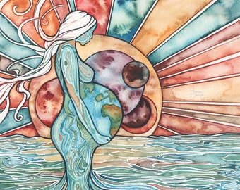 Large Print - Rebirth - original watercolour artwork, pregnant earth mother sacred gift of life sunset sunrise motherhood expecting mamma