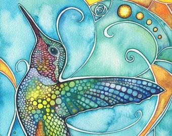 Hummingbird Watercolor Painting Print: Turquoise & Gold Avian Art
