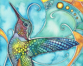 Hummingbird - print of watercolour painting artwork in vibrant turquoise, rich gold, and beautiful earth tones, avian bird watercolor art