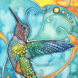 Hummingbird - print of watercolour painting artwork in vibrant turquoise, rich gold, and beautiful earth tones, avian bird watercolor art