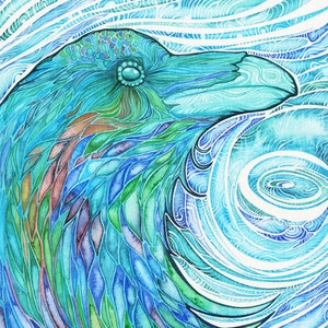 Water Raven print of watercolour painting, whimsical stained-glass style watercolour artwork, ocean sea river sky, turquoise teal aqua image 1