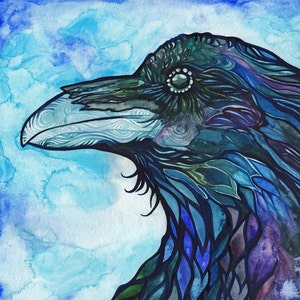 Raven - print turquoise blue purple watercolour artwork animal spirit totem bird magic painting nature wildlife watercolor crow powerful art