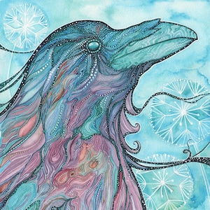 Star Raven  - print of watercolour painting, beautifully detailed whimsical bird, magical dandelions galaxy stardust nebula cosmos artwork