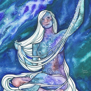 Starweaver - print of watercolour painting, fabric of the universe weaver, sacred divine feminine medicine woman starchild star seed artwork