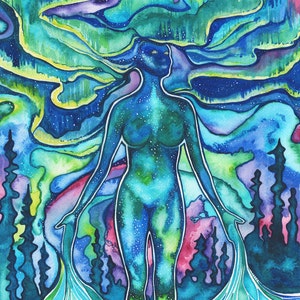 Aurora - Druck von Aquarellmalerei, Nordlichter Aurora Borealis Wintersonnenwende göttlich feminin womyn psychedelisch Magie Kunst