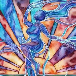 Dancer - watercolour print, transcending vibrant sunshine, sacred self, embodiment, divine movement therapy, healing, transcendence, sun