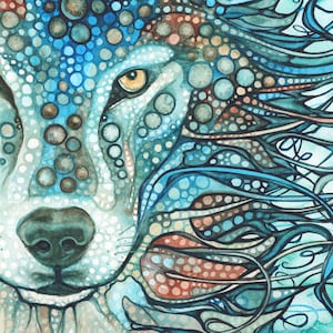 Timber Wolf - Druck von Aquarell Malerei in Himmel Blau Grau Türkis Teal Grau Palette, Aquarell Totem Geist Tierführer Kunst Malerei
