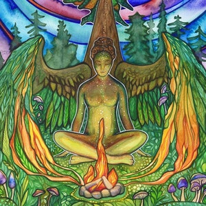 May include: Watercolor painting of a woman with wings sitting in a meditative pose in front of a fire. The woman is surrounded by green foliage and a large tree. The sky is a swirling mix of purple, blue, and green.