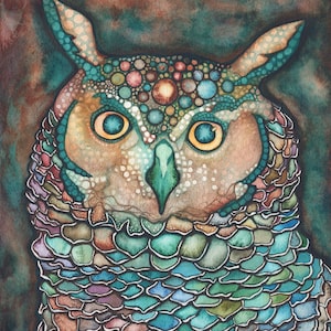 Great Horned Owl - print of watercolour artwork, beautiful Jewel tone colours stained glass rainbow multicolour painting, Jewel of the Night
