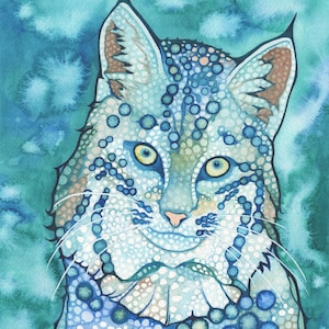 Bobcat - afdruk van aquarelkat, artwork in babyblauw en blauwgroen turkoois, wilde kat grote kat bosdier bergdier lynx katachtig