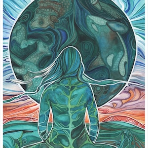 May include: A watercolor painting of a woman sitting in a meditative pose with a tree growing from her spine. The woman is surrounded by a circle of animals, including an owl, a bear, a whale, and a fish. The background is a swirling pattern of blue and green.