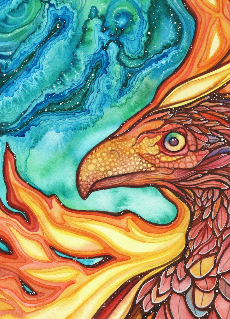 Phoenix - watercolour print, immortal self-aware regenerative transcending rebirth empowerment confidence renewal strength metamorphosis image 4
