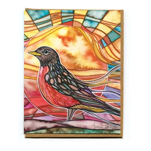 Robin card watercolour art celebrating a great new day, the morning sunshine, and a fresh new start, in vibrant happy colours image 1