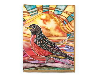 Robin card - watercolour art celebrating a great new day, the morning sunshine, and a fresh new start, in vibrant happy colours