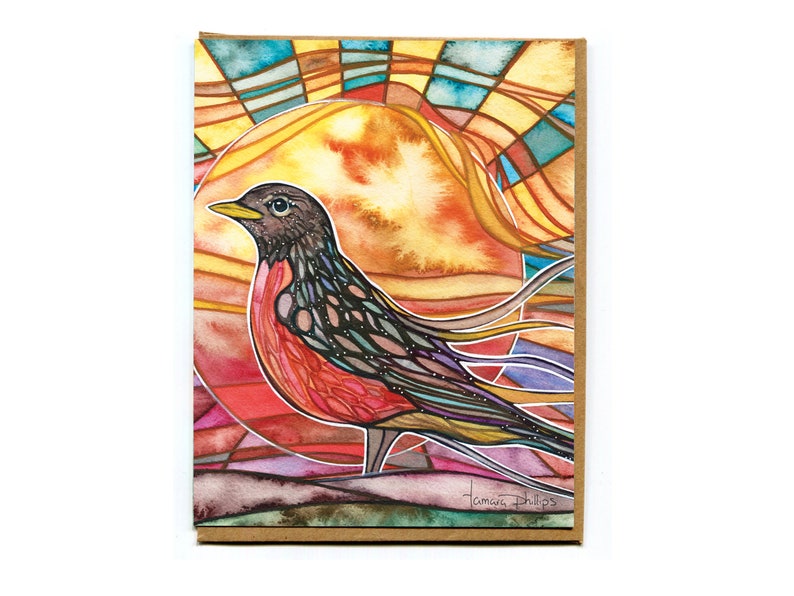 Robin card watercolour art celebrating a great new day, the morning sunshine, and a fresh new start, in vibrant happy colours image 1